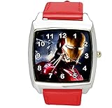 Taport® Iron Man Quarz-Armbanduhr, quadratisch, SCI FI, echtes Lederband, inklusive Ersatzakku und Geschenkbeutel, Rot