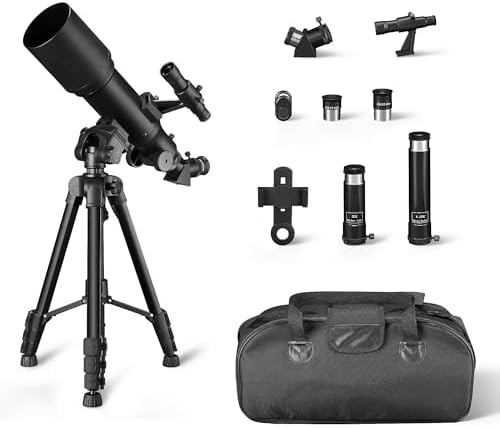 Amazon Basics Telescopio, Apertura 70 mm, Montatura Altazimutale da 400 mm, Portatile con Treppiede, Supporto per Telefono, Borsa, Nero