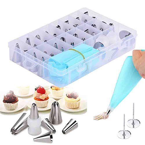38 Pieces Cake Decorating Supplies Kit,Neuleben Cake Piping Nozzles with 32 Icing Tips, 2 Silicone Pastry Bags, 2 Flower Nails, 2 Reusable Plastic Couplers Baking Supplies Frosting Tools Set for Cupcakes Cookies