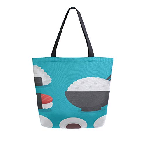 Preisvergleich Produktbild Japanische Lebensmittel Küche Reis Sushi Tragbare Große Doppelseitige Lässige Canvas Tragetaschen Handtasche Schulter Wiederverwendbare Einkaufstaschen Duffel Geldbörse Frauen Männer