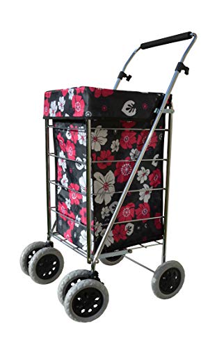 Alexander Graham Exclusivo Alta Calidad 6 - Rueda de Carro de la compra con mango ajustable giratorio - Gran bolsa de la compra, pero fácil de usar y de gran movilidad Negro con flores rosa y blanco