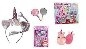 Aashiya trades Real Cosmetic for Little Girls ,Kids Makeup Kit for Girls, Kids Play Washable Makeup Set and Nail Art Box + 1 Hair Comb+1 Unicorn Print Mirror +1 Unicorn Headband+1 Breaded Tail