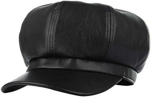 Lukis Women PU Leather Flat Peaked Hats Autumn Beret Baggy Octagonal Cap Black