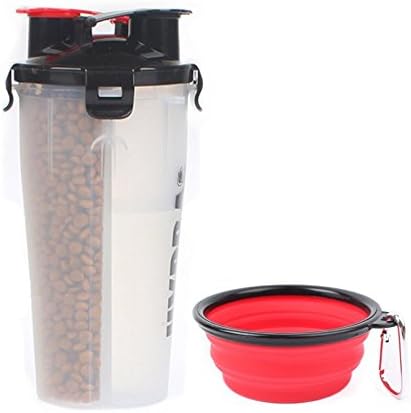 Dog Cat Dual Chambered Travel Food Carrier Water Bottle &amp; Snack Container 2 in 1 Pet Food Storage Bowl (White)