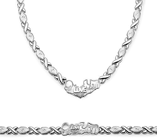 Sterling Silver Rhodium Plated Stampato Xoxo Hugs &amp; Kisses w/ Heart "I Love You" Bracelet &amp; Necklace Set