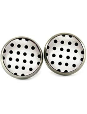 Katharina Fairytale Damen Mädchen Ohrstecker Polka Dot weiß schwarze Punkte Cabochon 12mm silber
