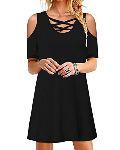 YOINS Robe Femme Mini Robe Épaules Dénudées Dress Été Sexy Robe De Printemps Robe Longue Tee Shirt Coton Col V Épaules-Noir S