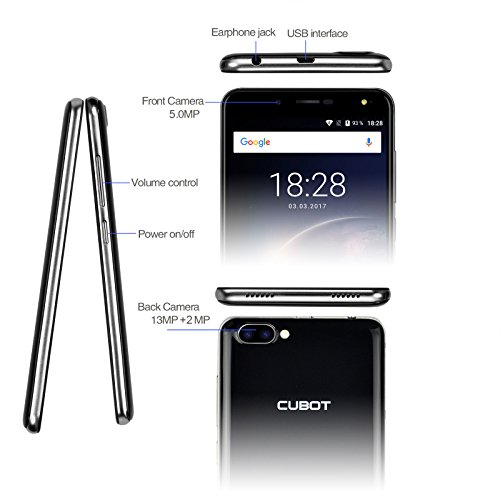 Cubot Rainbow 2 (2017) - Smartphone libre Andriod 7.0 (teléfono grande de 5.0'' (12,7 cm) y pantalla IPS HD, 2 cámara trasera 13Mpx+2Mpx, La cámara frontal 5Mpx con linterna delantera LED, memoria interna de 16 GB, Soporte A-GPS, Bluetooth 4.0, 3G Dual Micro Sim Móviles libres, Soporte 256GB micro sd tarjeta de expansión) - Negro
