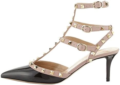 SexyPrey Women's Pointed Toe Rockstuds Kitten Heel Pumps Multi-buckle Ankle Strap Gladiator Sandals Black Patent Uk4