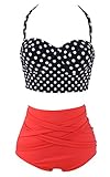 FINEJO Polka Dot Vintage Retro High Waist Push Up Bandeau Bikini Swimwear Swimsuit Set