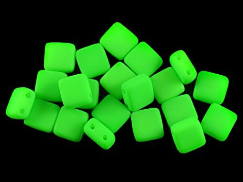 Czech Glass Square Beads 2 Holes ESTRELA NEON (UV Active) 6x6x3.2 mm Green - 40 pcs