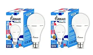 JONAKI Base B22 9 Watt Automatic Fast Charging, Rechargeable AC DC 9W Emergency Light with High Power Long Lasting Lithium Battery Inside Inverter LED Bulb (White, Pack of 2)