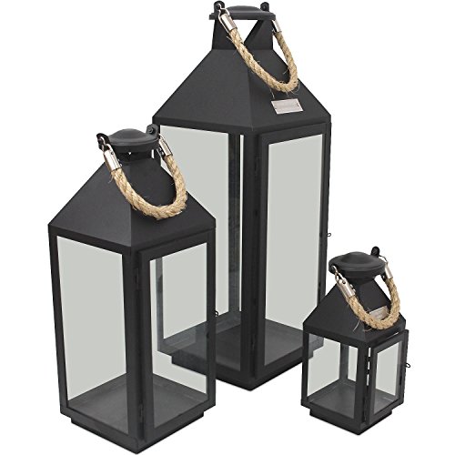 3tlg. Modisches Laternen-Set in Schwarz H24/41/55cm Metalllaterne Gartenlaterne Laterne Windlicht mit Aufhängung Metallgestell mit Glasfenstern Kerzenhalter Gartenbeleuchtung Dekoration - 2