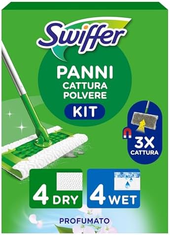 Swiffer Starter Kit Catturapolvere E Lavapavimenti Per La Pulizia Di Pavimenti In Legno E Altri Materiali, Include: 1 Scopa, 4 Panni Catturapolvere, 4 Panni Lavapavimenti