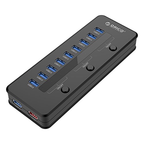 ORICO USB Hub (10 Ports, USB 3.0, 48W) mit Ladeport (2.1A Max), 3 elektronischen Schaltern, 12V 4A Netzteil - schnelles Ladegerät für iPhone iPad Samsung Galaxy - Highspeed Datenhub für Desktop-PC Computer Notebook MacBook iMac
