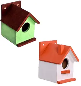 Cket Bird House Combo Offer Nest Box Breeding House for Small Birds Eco Friendly Wooden for Garden Balcony Hanging Orange & Green (Pack of 2)