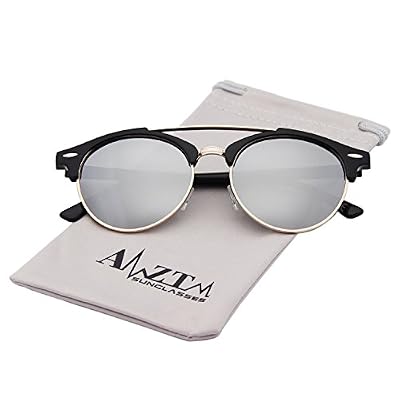 AMZTM Classique Retro Double Pont Semi-cerclées Polarisées Reflété Miroir Rond Wayfarer Homme Lunettes De Soleil