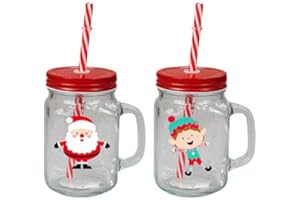 Keraiz Festive Mason Jars with Handle, Lid, and Straw - Set of 3 Holiday-Themed Drinking Glass/Tumbler-Christmas Themed Mason jar with Lid- Ideal for Parties, Decor, and Gift Giving (Pack of 2)
