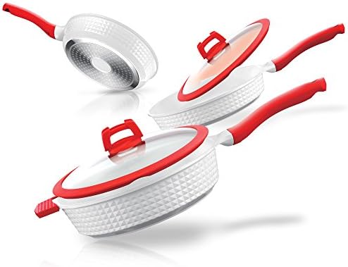 PREMIUM DESIGN PANS. 5 PIECES ANTI-AGING PANS. FINISH IN RED AND WHITE