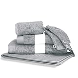 Parure de Bain Pure 6-teilig 100% superkardierte Baumwolle, feinfädige Single-Qualität - Bedienkomfort mit Bouclé-Frottier, beidseitig, Farbgebung und Gesichtswasser, silber 550 g/m² - hergestellt in Portugal