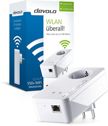 devolo 9826 dLAN 550+ WiFi Powerline (500 Mbit/s Internet Ã¼ber die Steckdose, 300 Mbit/s Ã¼ber WLAN, 1x LAN Port, 1x Powerlan Adapter, integrierte Steckdose, PLC Netzwerkadapter, WLAN-Reichweite erhÃ¶hen, WiFi Move) weiÃŸ