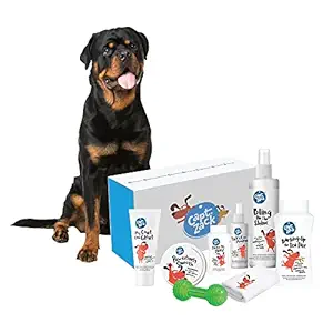 Captain Zack The Rottweiler Groom Box - Ultimate 8-in-1, Head-to-Paw Groom-Kit for Your Dog - (Shampoo +Conditioner +Dry Shampoo +Paw Butter +Toy +Towel) - pH Neutral and Paraben Free