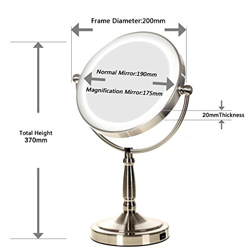 HIMRY® Slim LED Stand KosmetikSpiegel 8 Zoll 10x Vergrößerung, Batteriebetrieben oder mit EU-Stecker, beleuchtedte Standspiegel Kosmetikspiegel Tischspiegel, Make-Up, Rasieren, Badezimmer Spiegel, Spiegel 360 ° drehbar, doppelseitigen Standard und 10 Fach Vergrößerung, KXD3139-10x - 2