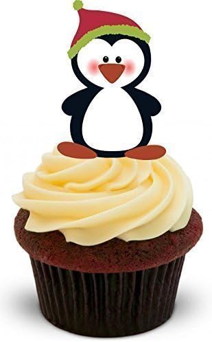 The Baking Girls - Cute Penguin With Red Winter Hat - Standups 12 Edible Standup Premium Wafer Cake Toppers - 2 x A5 sheet - 12 images