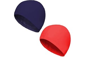 LONSVTTU 2 Pieza Gorro de Natación Piscina Mujer y Hombre Gorro de Piscina para Pelo Largo y Corto Gorros de Baño Impermeable Suave y Cómodo（azul marino + rojo）