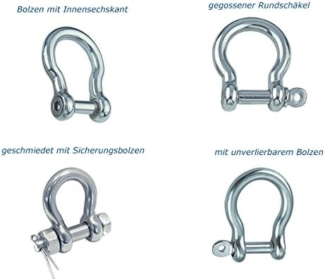Shackle curved stainless steel V4A - AISI316 stainless VA A4 also for sailing, mit Bolzen mit Innensechskant, Bolzendurchmesser 12mm