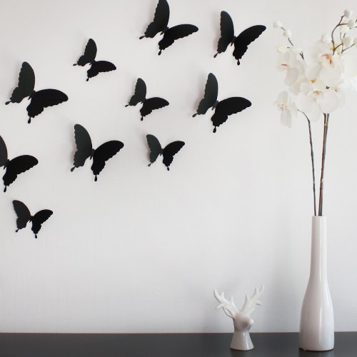 Wandkings Schmetterlinge im 3D-Style in SCHWARZ, 12 Stück, Wanddekoration mit Klebepunkten zur Fixierung