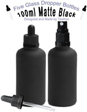  Five Glass Dropper Bottles with Child Proof Caps + 5 Additional Atomizer/Spray Caps (Matte Black, 100ml)
