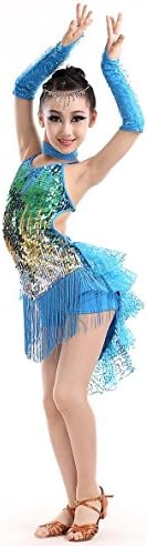 YI WOELD Child Latin Dance Costumes girl Sequins tassel dress blue black red , blue , 140cm