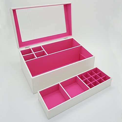 4Queens XXXL Eleganter Holz Leder Kosmetikorganizer Kosmetikbox Kosmetik Ständer Kosmetik Aufbewahrung Schmuckaufbewahrung Schmuckkasten Schminkkasten Schminkbox Schmink Aufbewahrung Makeup Aufbewahrung Makeup Box mit sichtbarem Fenstern LxBxH: 36*22*15cm(Weiß/Rosarot) - 2