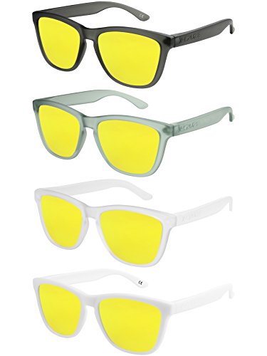 X-CRUZE® - Pack de 4 gafas de sol polarizadas estilo Retro Vintage Unisex Caballero Dama Hombre Mujer Gafas - amarillo tipo espejo - Set W -