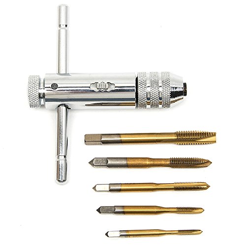 Fortag 5tlg Gewindebohrer Set HSS Rechte Hand Handgewindebohrer Satz Schälanschnitt Titan-beschichtet M3-M8+Werkzeughalter mit Knarre mit verschiebbarem Griff - 6