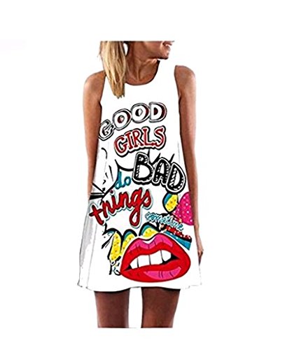 Hippolo Donna Abito Familizo Abito Estivo Vintage Boho Donne Senza Maniche Summer Beach Stampato Abito Corto Mini (XXL, Lettera)