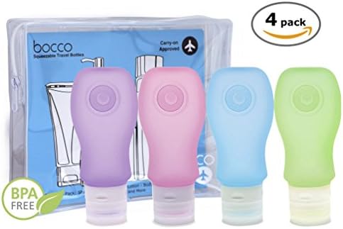 Bocco Leak Proof Squeezable Travel Bottles, Flight Cabin Approved Travel Accessories for Hand Luggage - Perfect for Liquid Toiletries - 4 Pack (All Large 3 oz / 89ml Bottles) (Blue/Pink/Green/Purple)
