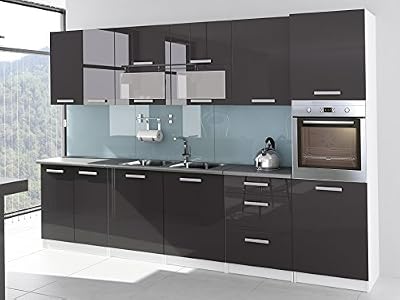 tendencio Cuisine complète laquée brillant 3m20 TARA gris avec colonne four et plan de travail