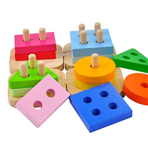 ACOOLTOY Wooden Geometric Stacker Shape Sorter Column Puzzle Building Block Set Early Learning for Kids (shape sorter toy)
