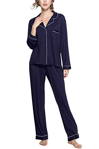 Dolamen Pigiama per Donna, Camicia da Notte Donna, Modal Cotone morbida Pigiama Pigiami, Luxury Controllare bottoni camicia collare con Pocket Chemise lungo Camicia da notte (Large, Blu)