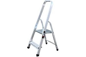 BTF - Escabeau Aluminium Ultra Léger 2 Marches | Norme EN131 | Marches Antidérapantes, Grand Garde Corps, Câble de Sécurité Acier | Charge Max 150 kg, Couleur Aluminium, Matériau Acier Allié