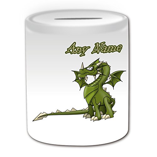 Personalised Gift - Emerald Dragon Money Box (Fairy Tale Design Theme, White) - Any Name/Message on Your Unique - Saving Piggy Bank - Green Smiling Green