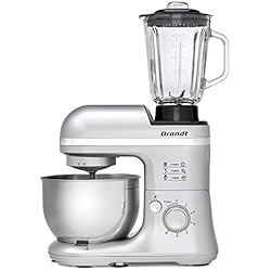 BRANDT - Robot Pâtissier Compact Multifonction 650 W - Rapide avec 6 vitesses + fonction PULSE - Fourni avec Fouet, Crochet, Pétrisseur, Batteur - Capacité du bol  4L - Gris