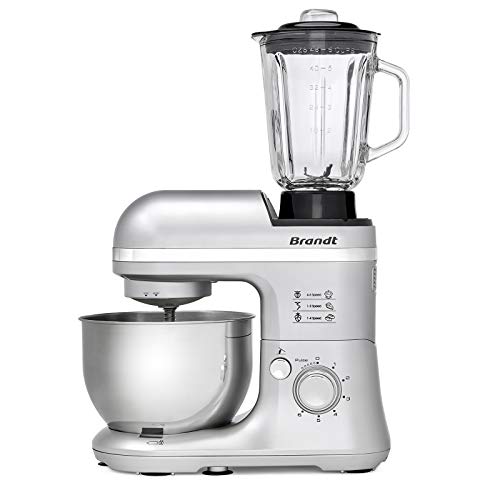 BRANDT - Robot Pâtissier Compact Multifonction 650 W - Rapide avec 6 vitesses + fonction PULSE - Fourni avec Fouet, Crochet, Pétrisseur, Batteur - Capacité du bol  4L - Gris