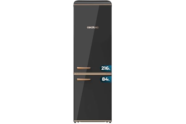 Cecotec Frigorífico Combi 2 Puertas Retro de 300 L Bolero CoolMarket Combi Origin 300 Negro E. Altura 191,5 cm y 60 de Ancho, Control de Temperatura, Tirador Cromado y Bandejas de cristal, Black