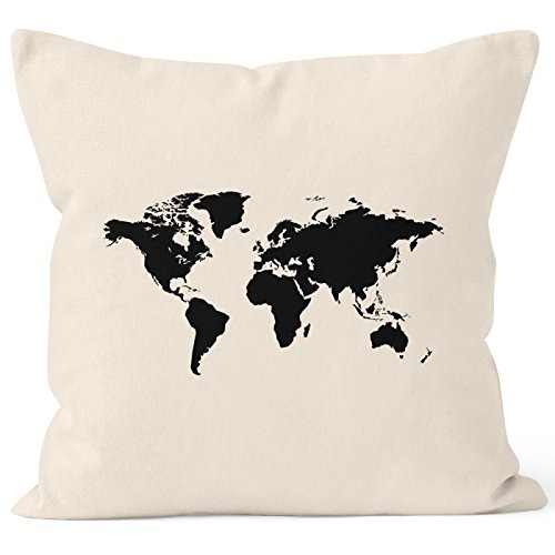 bedruckter Kissenbezug 40x40 Weltkarte World Map Kissen-Hülle Deko-Kissen Baumwolle Autiga® natur 40cm x 40cm