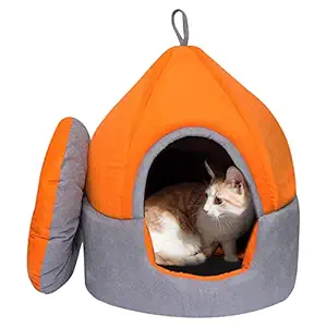 Hiputee Soft Velvet Fabric Dual Color Cat Toy Breed Dog Pet Hut Diameter 23 Inch Height 23 Inch (Medium, Orange-Grey)