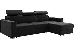 ‎MEBLINI MEBLINI Schlafcouch mit Bettkasten - Ecksofa mit Schlaffunktion - Sofa mit Relaxfunktion und Kopfstützen - Couch L-Form - Eckcouch - Wohnlandschaft - Voss - 242x168x79cm Rechts - Schwarz Samt