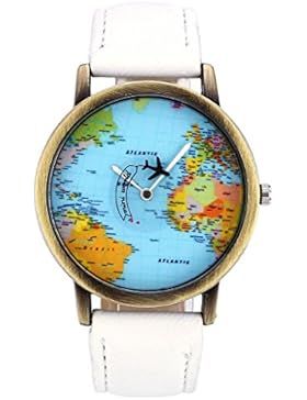 JSDDE Uhren,Vintage Weltkarte Armbanduhr Flugzeug Sekundenzeiger Denim-Gewebe-Lederband Quarz Kleid Uhr,Weiss